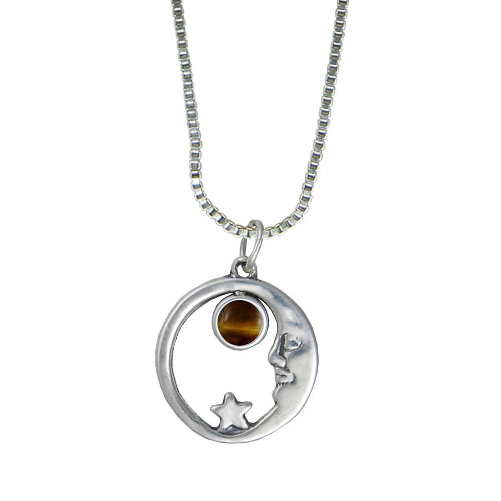Sterling Silver Lucky Old Moon Pendant With Tiger Eye